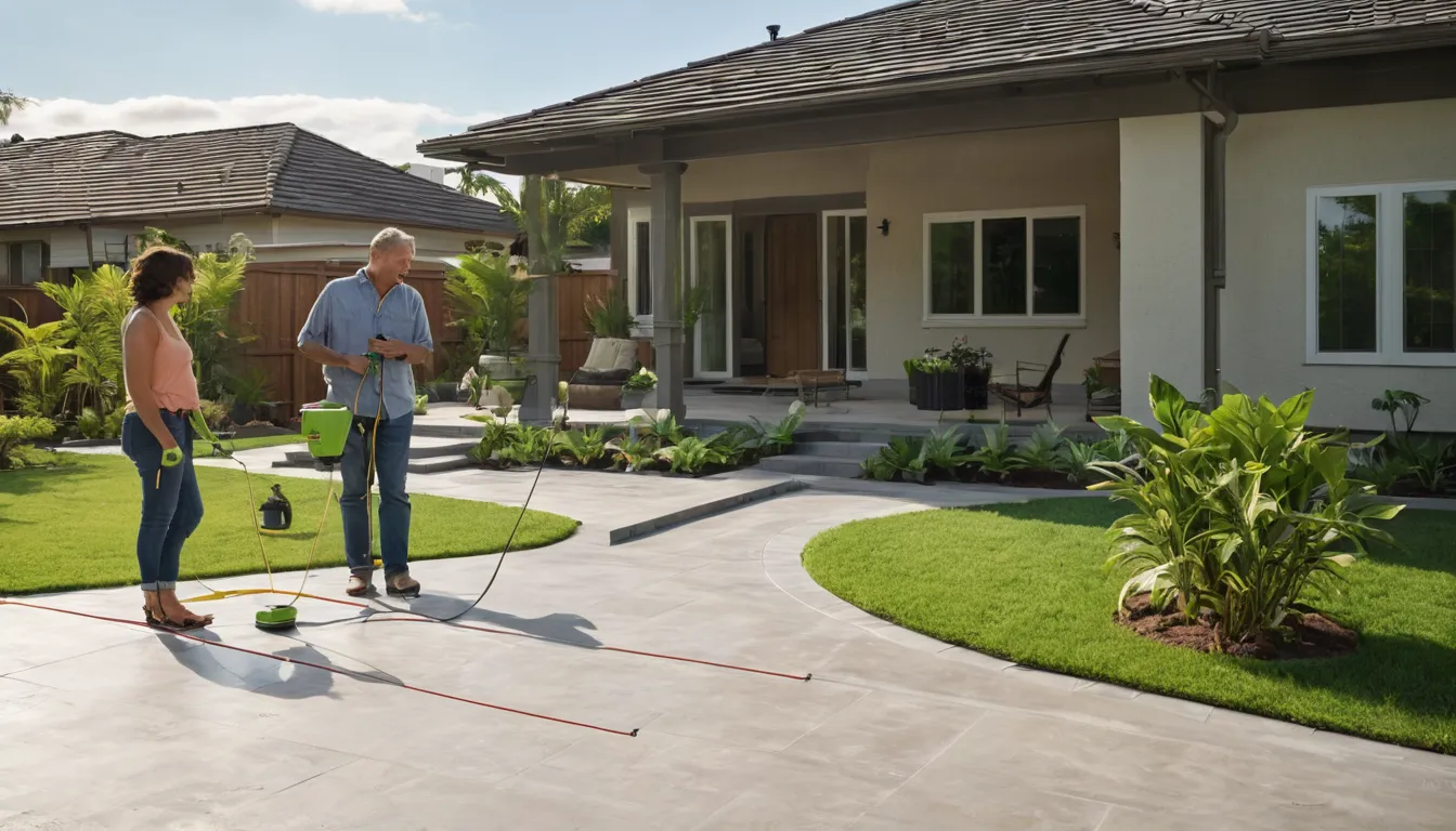 Homeowner couple talking with a local concrete provider beside a freshly finished patio behind a DeBary home